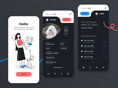 Pets App Concept app app concept app design dark dark ui darkmode design diseño dog dogs illustration interface minimalist pets photo ui user interface ux visual visual art