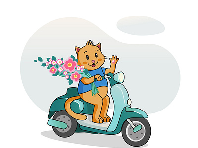 Cat On A Moped cat character flowers illustration moped vector