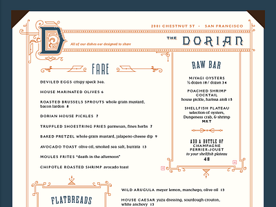 Menu for The Dorian blue classic food logo menu orange restaurant victorian vintage