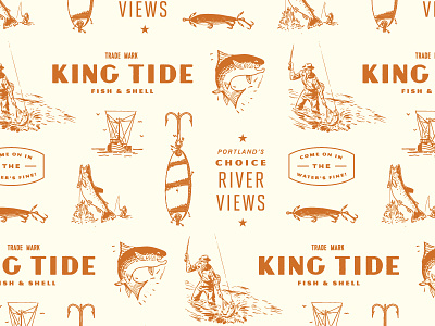 King Tide Pattern branding design fishing lettering logo orange pattern portland restaurant seafood vintage