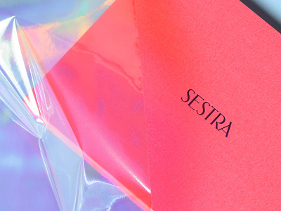 Sestra Invitation Detail concept store custom type fashion foilstamping holographic hot foil iridescent letterpress neon pink print