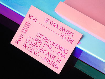 Sestra invitation backside + envelope concept store custom font custom type elegant fashion holographic neon pastel shop typography