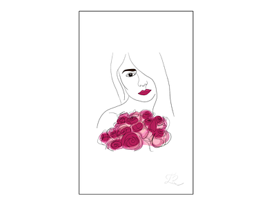 woman with roses beautiful woman black colorful design digital draw eyes face girl illustration lips one line draw pink red