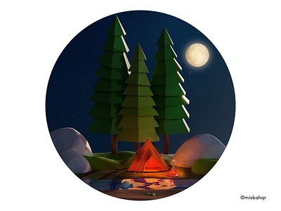 Jungle Camp 3d b3d blender camp campfire fire forest jungle moon night render tent tree water