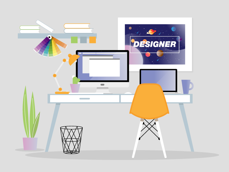 Designer Workspace interior business web office computer desk table creative vector illustration art colors monitors poster workspace designer workspace designers vector art georgia designer illustration