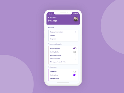 Daily UI #007 — Settings adobe xd color scheme daily ui dailyui dailyui 008 design iphone mobile mobile app purple settings settings page social media ui violet web design