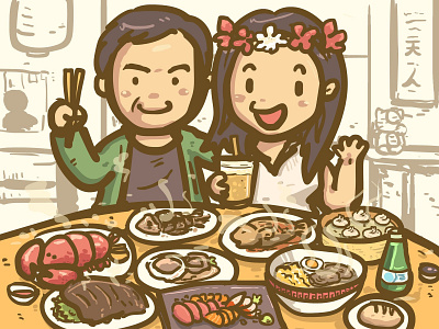 The Feast! caricature couple feast food illustration vector