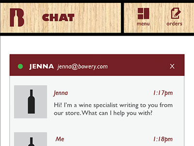 BOWERY live chat chat header icons menu mobile ui ux wine