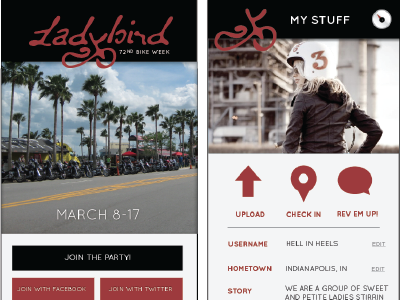 Ladybird UI app identity motorcycle social ui ux