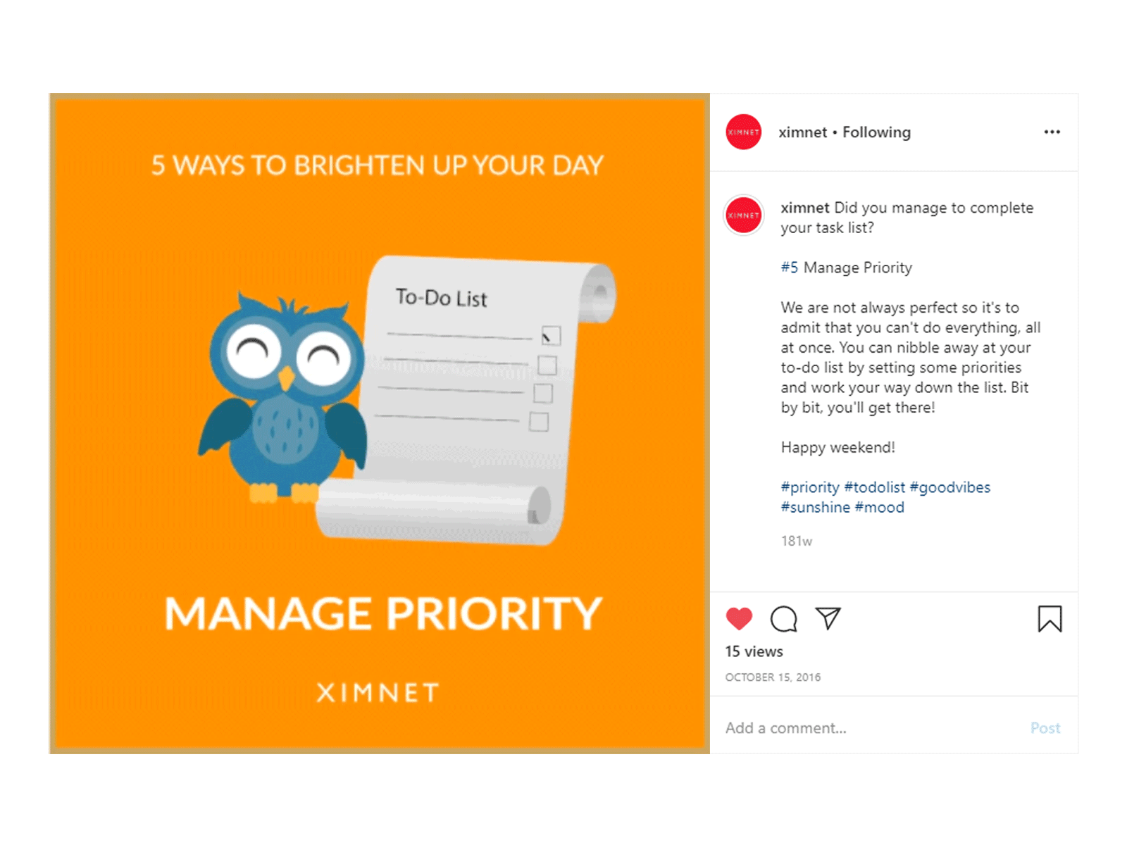 5 Ways To Brighten Up Your Day - Manage Priorities gif goodvibes illustration owl positivevibes socialmedia todo vector