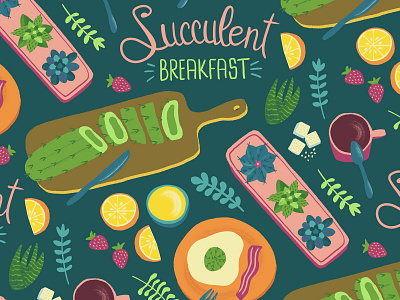 Succulent Breakfast breakfast cactus colorful design fabric hand drawn illustration humorous illustration illustration lettering pattern design puns repeated pattern succulents typogaphy