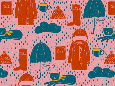 Rainy Days Pattern animals book boots cat cloud coat coffee fabric hand drawn illustration illustration pattern design pink rain rainy days texture umbrella wind wrapping paper
