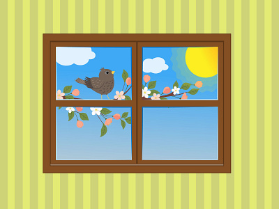 Bird on a branch of a blossoming apple tree in the window bird blossom blue design flat illustration spring vector windows