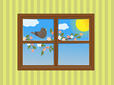 Bird on a branch of a blossoming apple tree in the window