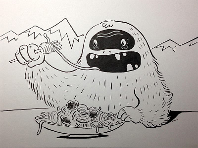 "Yeti Eating Spaghetti" illustration ink inktober monster sketchbook spaghetti yeti
