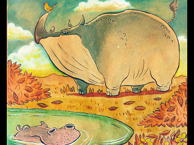 Grumpy Rhino - Happy Hippo bird hippo hippopotamus illustration rhino rhinoceros sketchbook watercolor