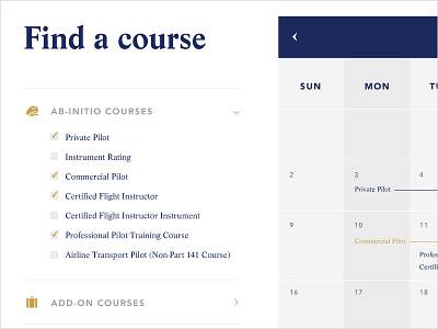 Course finder by calendar calendar course days drop down education filters finder grid month results search training