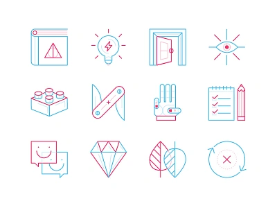 BBG icons — yay! book diamond door eye hand icons illustration leaf lego lightbulb social tools