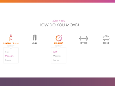 Health Quiz Concept feminine gradient health icons interface minimal sports ui web design