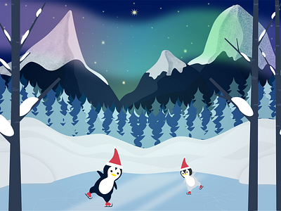 Happy Holidays! affinity designer aurora christmas digital art forest holidays ice skating illustration penguins snow starry night vector winter