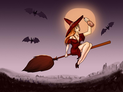 Иллюстрация к хэллоуина с местом для текста. Ведьма летит на пра 2d character character design girl girl character halloween illustration