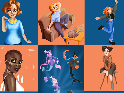 a set of characters collected in a collage 2d character character design design geimdev girl girl character illustration logo