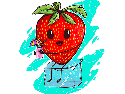 Strawberry chilling on ice cube illustration