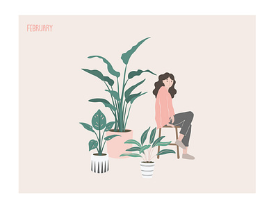 February 2020 calendar character design february girl illustration illustrator minimal plants vector