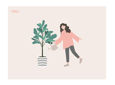 March 2020 calendar character design girl illustration illustrator march minimal plant vector