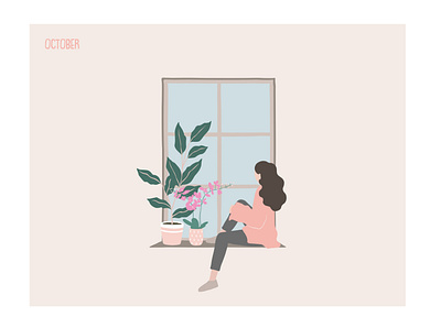 October 2020 calendar character design girl illustration illustrator minimal october plants vector