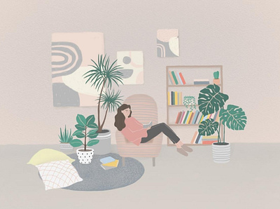 Sunday evening books character cozy design evening girl illustration interior monochrome patterns plants reading sunday textures