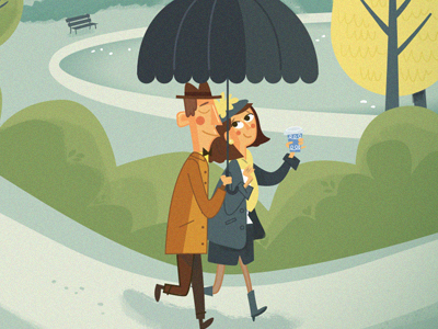 Date in the rain cartoon illustration new york city rain