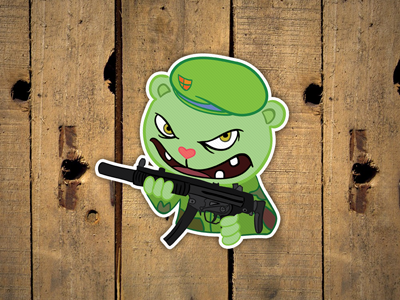 Flippy sticker design flippy friends green gun happy sticker tree wood