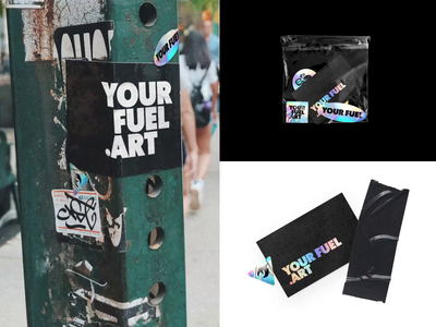 Stationary items - yourfuel.art animation black brand branding business card figma fuel holo holographic invoice iridescent logo nft print smooth stationary items sticker tshirt ui website