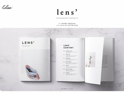 LENS' Photography Portfolio Template branding brochure business catalog catalogue clean clothing design editorial elegant fashion feminine indesign lookbook magazine modern portfolio proposal studio template