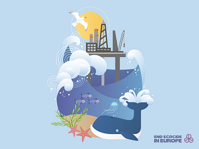End Ecocide Flyer Illustration animals beach illustration ocean oil rig starfish sunset waves whale