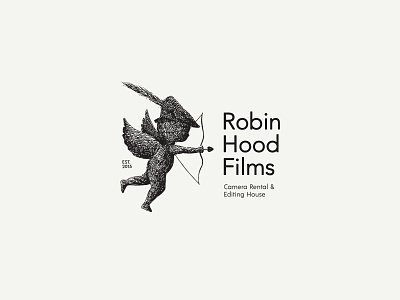 Robin Hood Films Logo angel bow and arrow brand identity camera cupid editing guardian angel heart logo logodesign madrid rental robinhood sketch spain typography tyrolean vintage wing