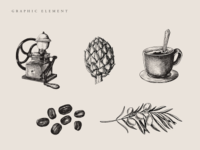 Graphic Element - Complete Cafe Brand Identity artishock black and white brand and identity brand identity branding cafe coffee coffee bean coffee cup graphic element grinder hand drawn handmade illustration olive branch pencil sketch sketch vintage visual identity