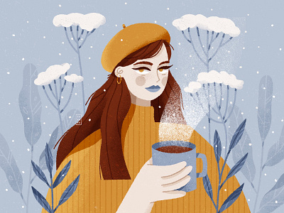 DTIYS 2d beautiful challenge character character design coffee cold digital drawing drawthisinyourstyle dtiys illustration painting plants portrait snow tea winter woman yellow