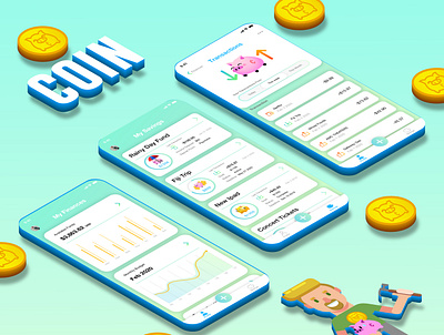 COIN app banking coin coins design finance finance app financial app flat illustration illustration ios isometric design piggy bank savings ui ux vector