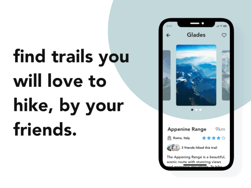 Glades - find trails you'll love design carousel description hiking animation app ux ui