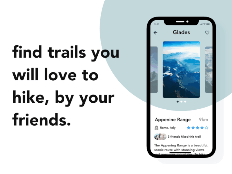 Glades - find trails you'll love animation app carousel description design hiking ui ux
