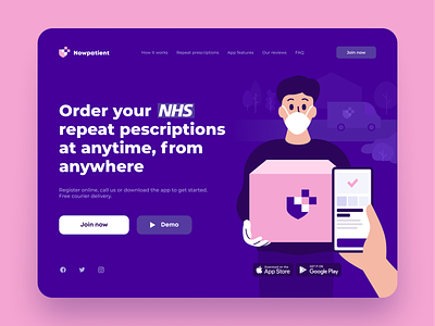 First screen for website - Repeat prescriptions app brand branding courier course app delivery desing flat identity illustraion man medication medicine minimal package pharmacist pharmacy prescription ui ux web