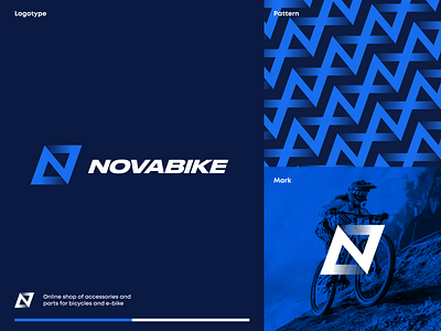Logo concept for shop of accessories and parts for bicycles aggresive bicycle bike brand branding design e bike flat logo logodesign logotype mark n letter n letter logo n logo nova pattern shop sport typography