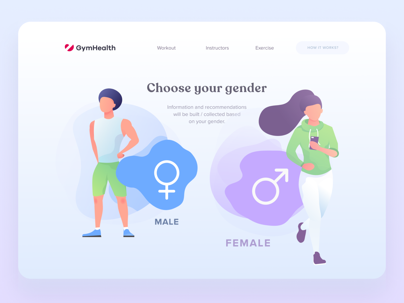 Gender selection interface with illustrations by Anton Milyaev on Dribbble