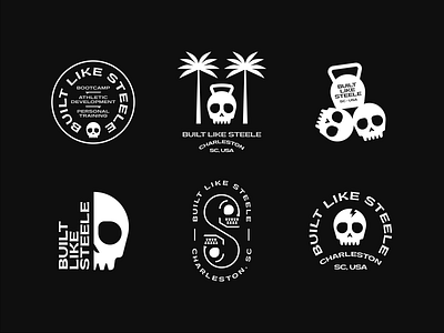 Built Like Steele Badge Logos badges black branding design fitness icon illustration logo minimal palm tree skull typography