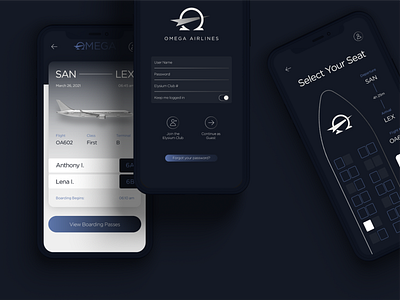 Omega Airlines App Interface airline airline app app branding icon identity mobile ui ux web website