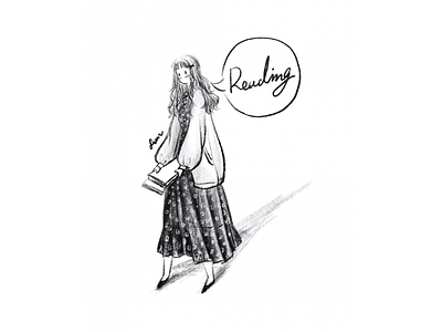 DAY16-do some reading📖 books dress girl illustration knitting cardigan long curly hair reading