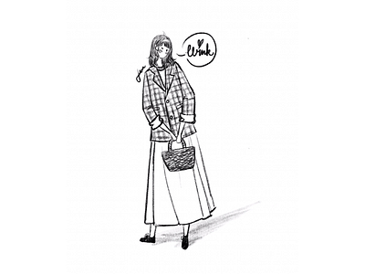 DAY35-Give a wink😉 check suit girl illustration medium length hair skirt straw bag
