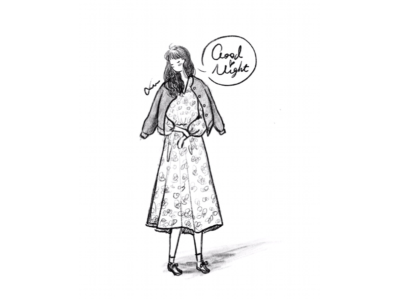 DAY43-Good Night🌙✨ good night long curly hair coat floral dress illustration girl